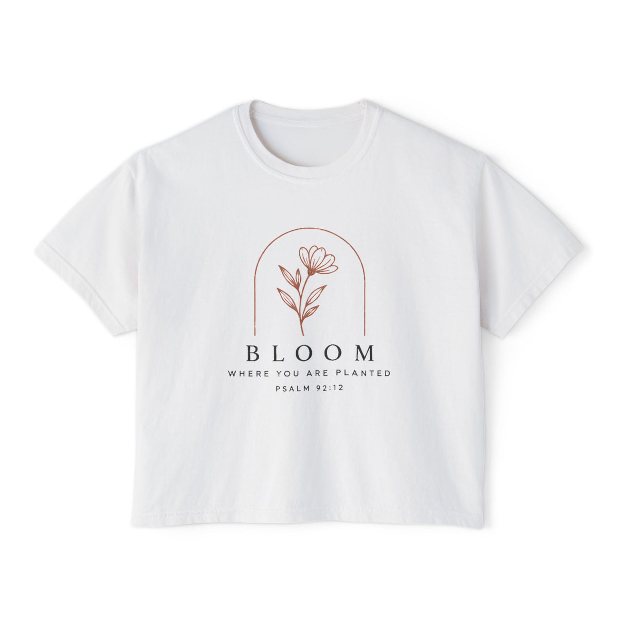 Bloom Tee, t-shirt, White, front view, BLOOM., Psalm 92:12 (KJV)