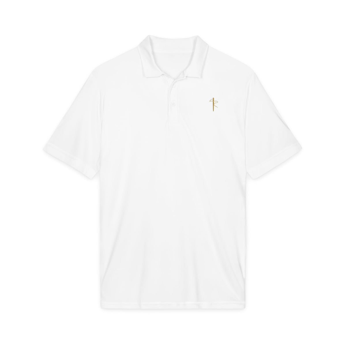 Embroidered Gold Cross Polo, polo shirt, White, front view, THE CROSS., Galatians 6:14 (KJV)