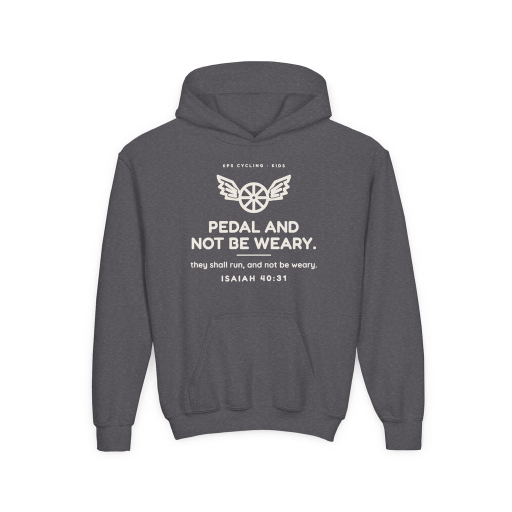 Pedal and Not Be Weary Youth Hoodie, Dark Heather, front view, PEDAL AND NOT BE WEARY. Isaiah 40:31 (KJV)