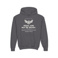 Pedal and Not Be Weary Youth Hoodie, Dark Heather, front view, PEDAL AND NOT BE WEARY. Isaiah 40:31 (KJV)