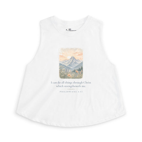 All Things Crop Tank, Solid White Blend, front view, I CAN DO ALL THINGS., Philippians 4:13 (KJV)