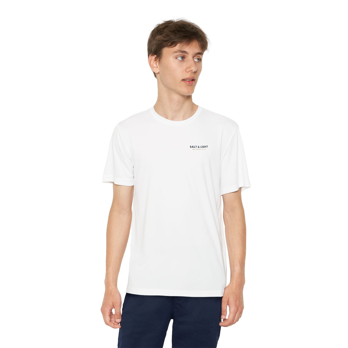Salt & Light Youth Tee, kids' t-shirt, White, front view, worn by a child, SALT & LIGHT., Matthew 5:13–14 (KJV)
