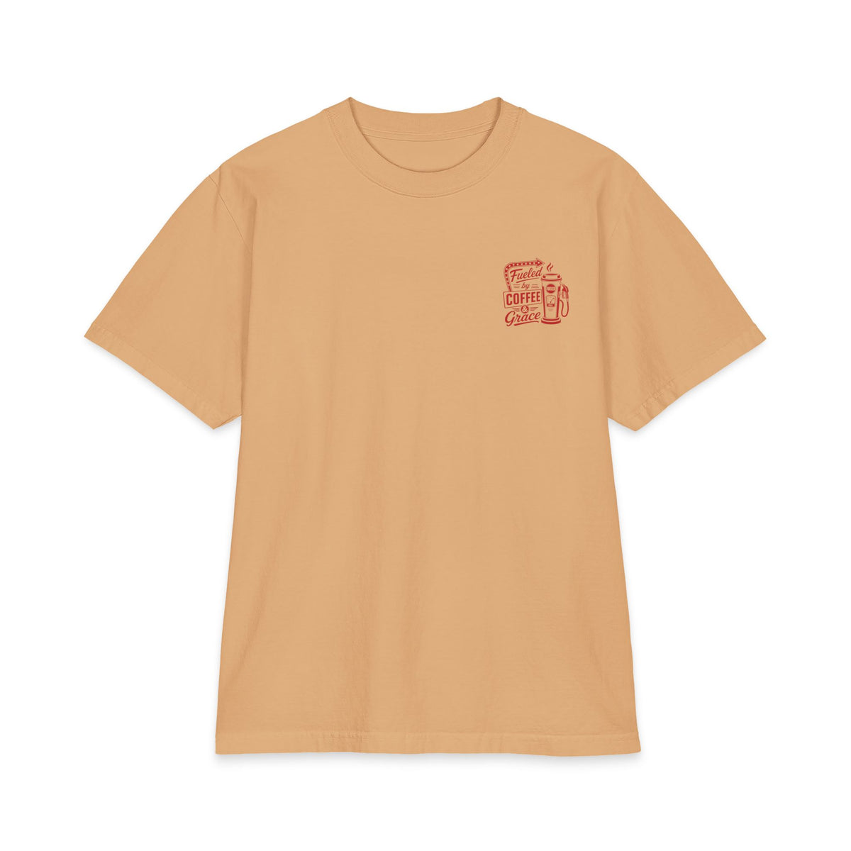 Fueled by Coffee & Grace Tee, t-shirt, Khaki, front view, FUELED BY COFFEE & GRACE., 2 Corinthians 12:9 (KJV)