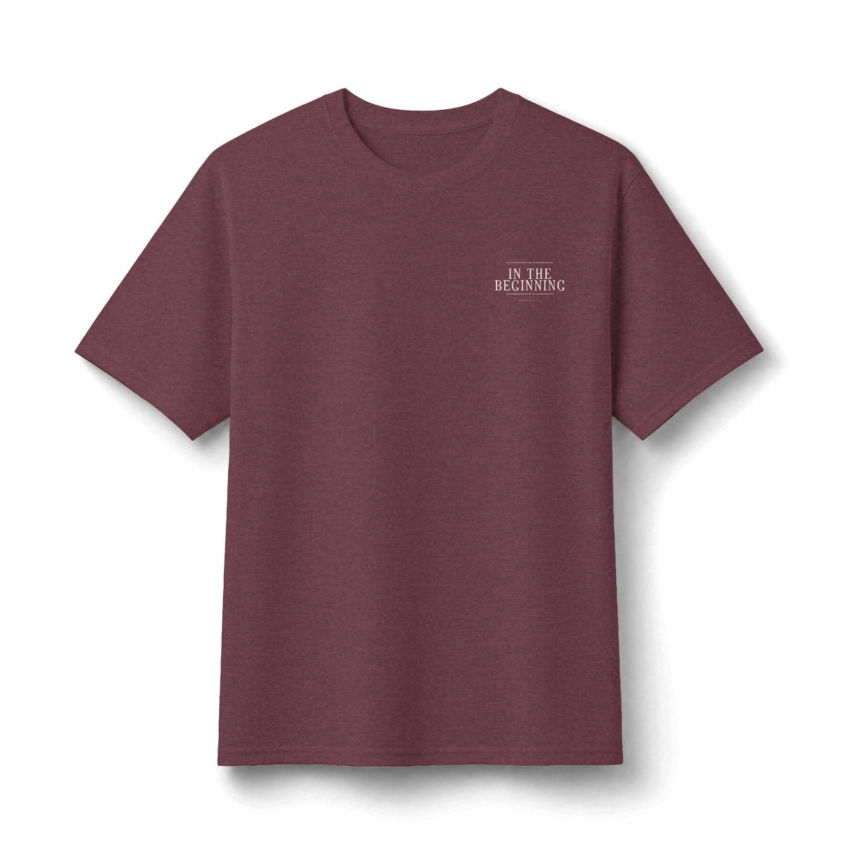In The Beginning Tee in Vintage Heather Maroon, front view: small IN THE BEGINNING chest print, Genesis 1:1 (KJV)