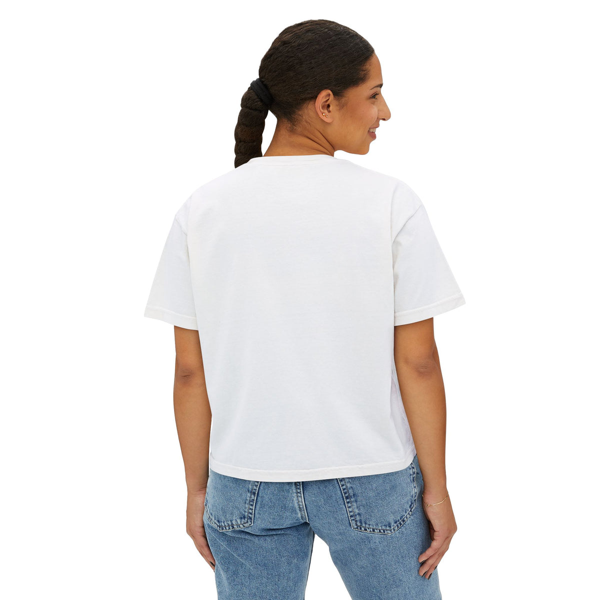 His Way Is Better Crop Tee, crop t-shirt, White, back view, worn by a woman, HIS WAY IS BETTER., Isaiah 55:9 (KJV)