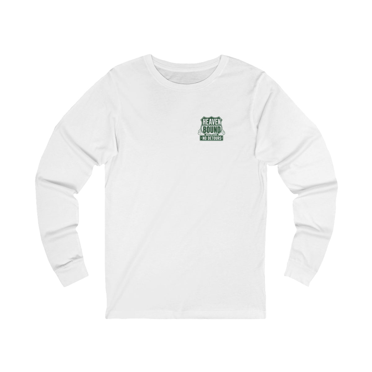 Heaven Bound Long Sleeve Tee, long-sleeve tee, White, front view, HEAVEN BOUND. NO DETOURS., Philippians 3:14 (KJV)