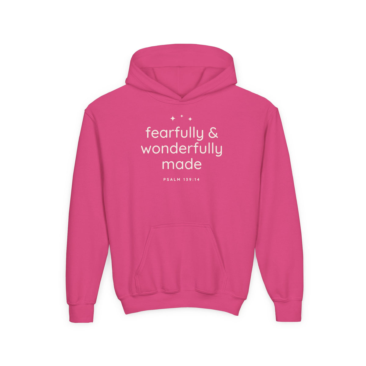 Fearfully & Wonderfully Made Youth Hoodie, youth hoodie, Heliconia, front view, FEARFULLY & WONDERFULLY MADE., Psalm 139:14 (KJV)