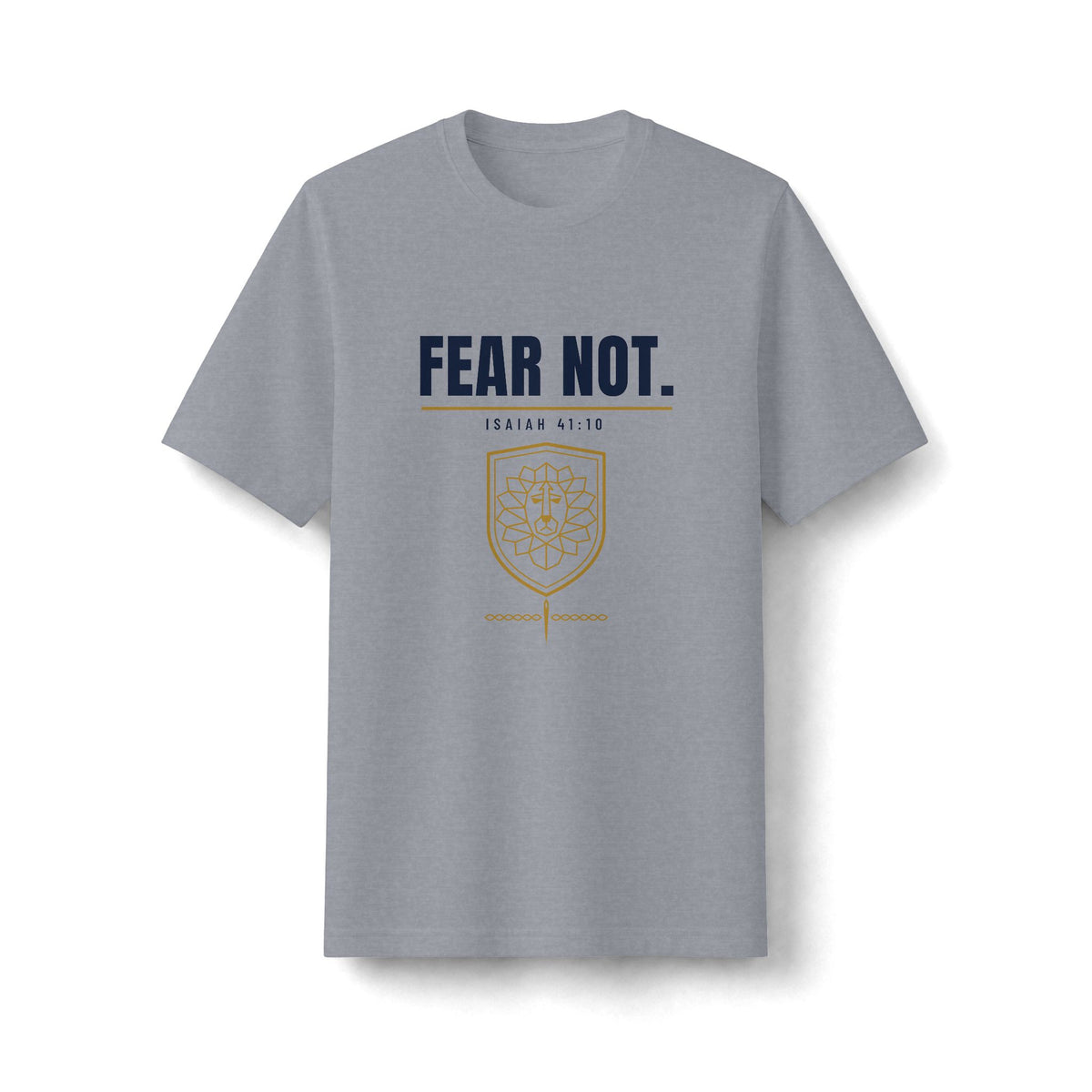 Fear Not Tee, t-shirt, Heather Gray, front view, FEAR NOT., Isaiah 41:10 (KJV)