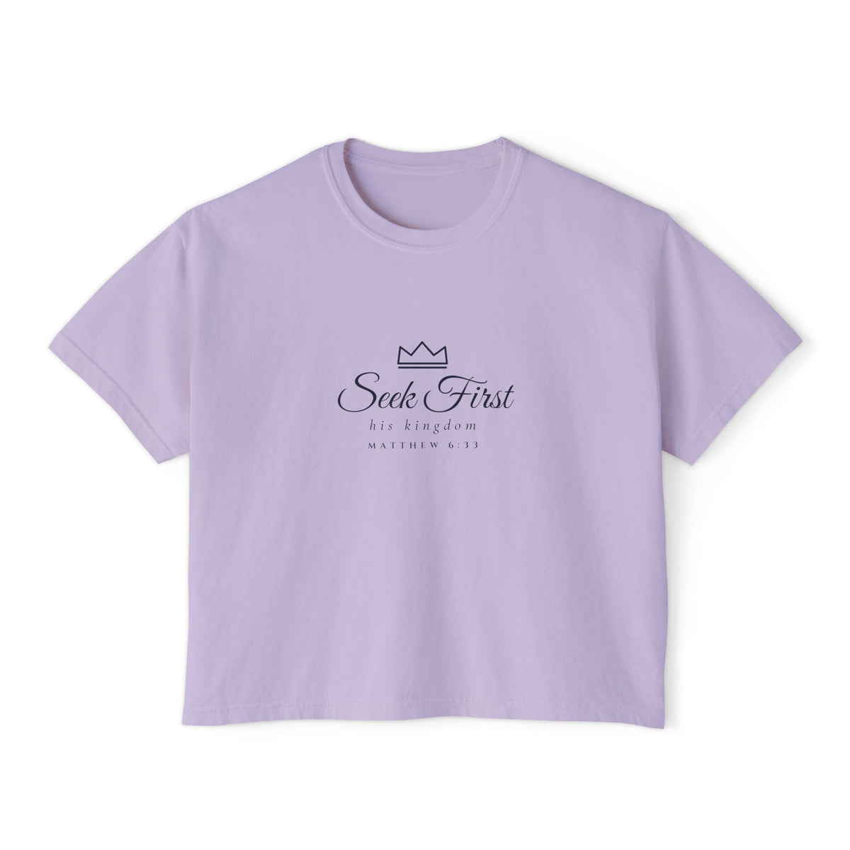 Seek First Crop Tee, crop tee, Orchid, front view, SEEK FIRST his kingdom with crown, Matthew 6:33 (KJV)