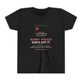 Bumpy Waves? God's Got It. Youth Tee, Black, front view, BUMPY WAVES? GOD'S GOT IT. Romans 8:28 (KJV)