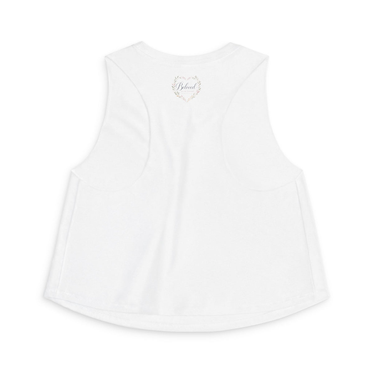 Beloved Crop Tank, crop tank top, Solid White Blend, back view, small heart print, BELOVED. NOT BE-STRESSED., Romans 9:25 (KJV)