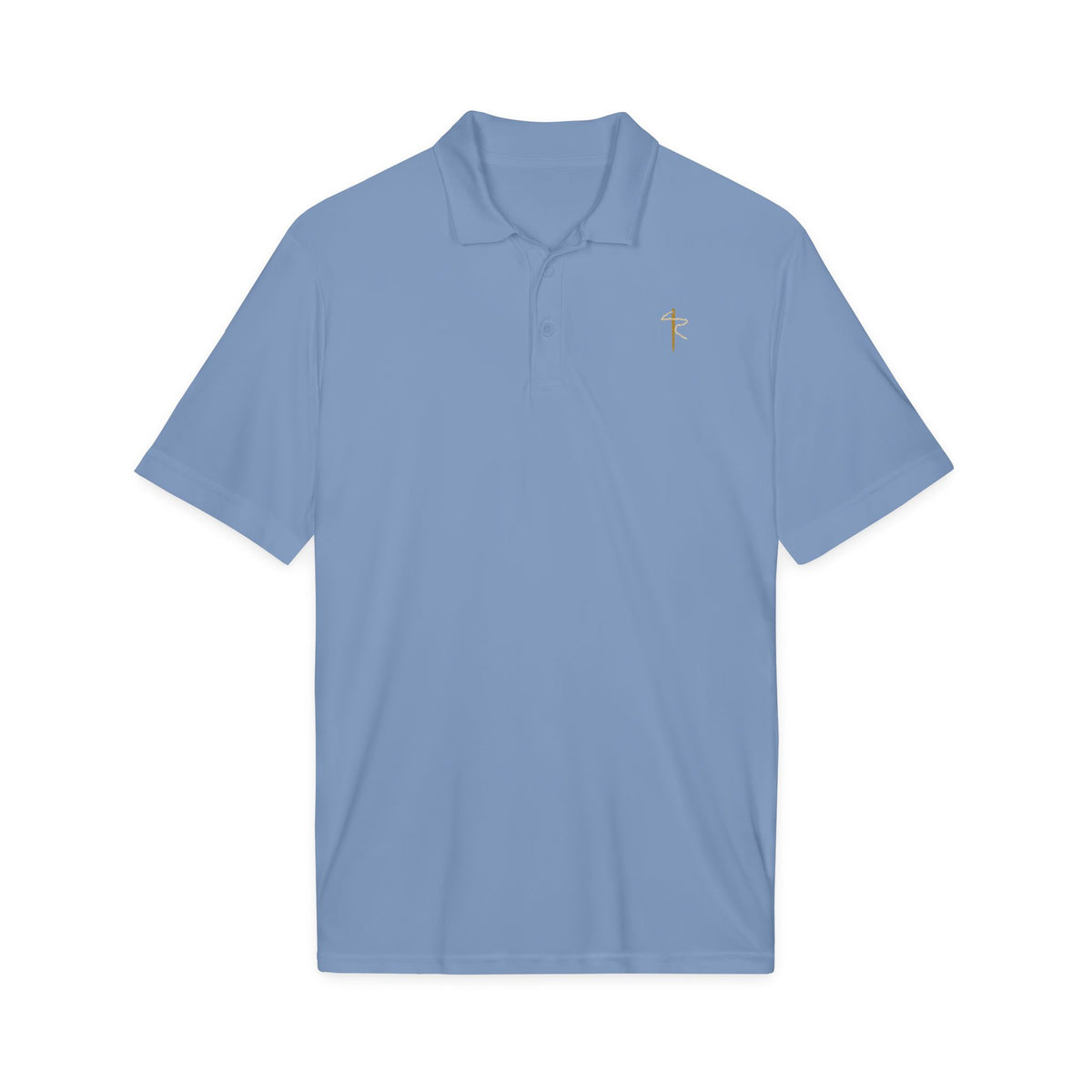 Embroidered Gold Cross Polo, polo shirt, Carolina Blue, front view, THE CROSS., Galatians 6:14 (KJV)