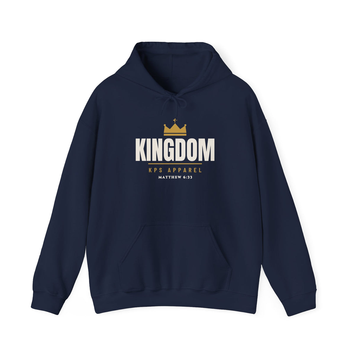Seek First Hoodie in Navy, front view: KINGDOM with gold crown, KPS APPAREL and MATTHEW 6:33 chest print, Matthew 6:33 (KJV)