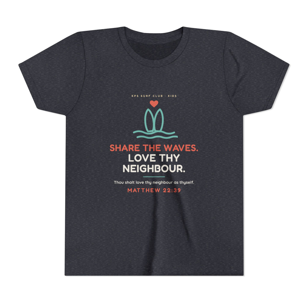 Share the Waves Youth Tee, Heather Navy, front view, SHARE THE WAVES. LOVE THY NEIGHBOUR. Matthew 22:39 (KJV)