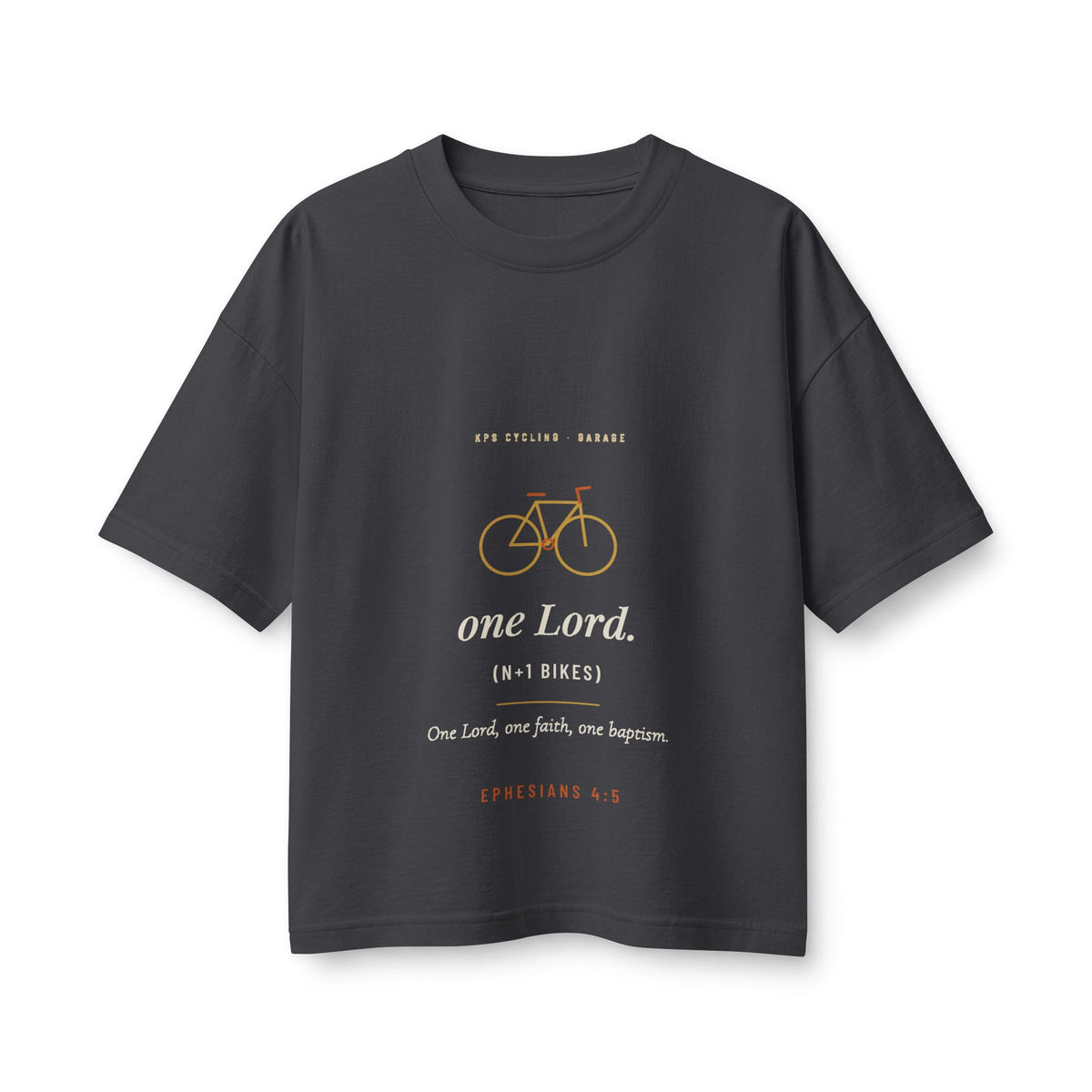 One Lord N+1 Bikes Women's Boxy Tee, Dark Grey, front view, ONE LORD. (N+1 BIKES.) Ephesians 4:5 (KJV)