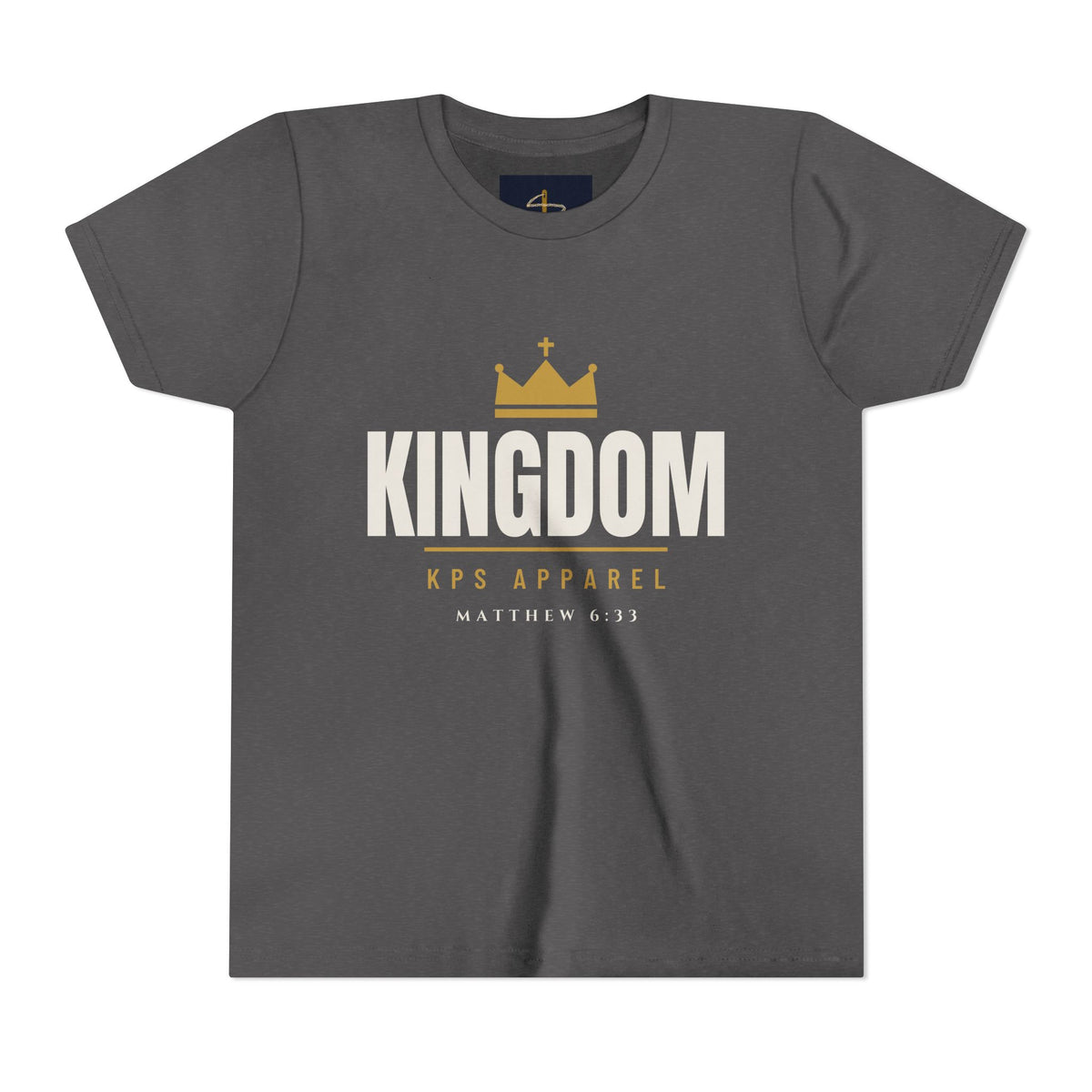 Kids Kingdom Tee in Dark Heather Grey, front print: crown and KINGDOM wordmark, Matthew 6:33 (KJV)