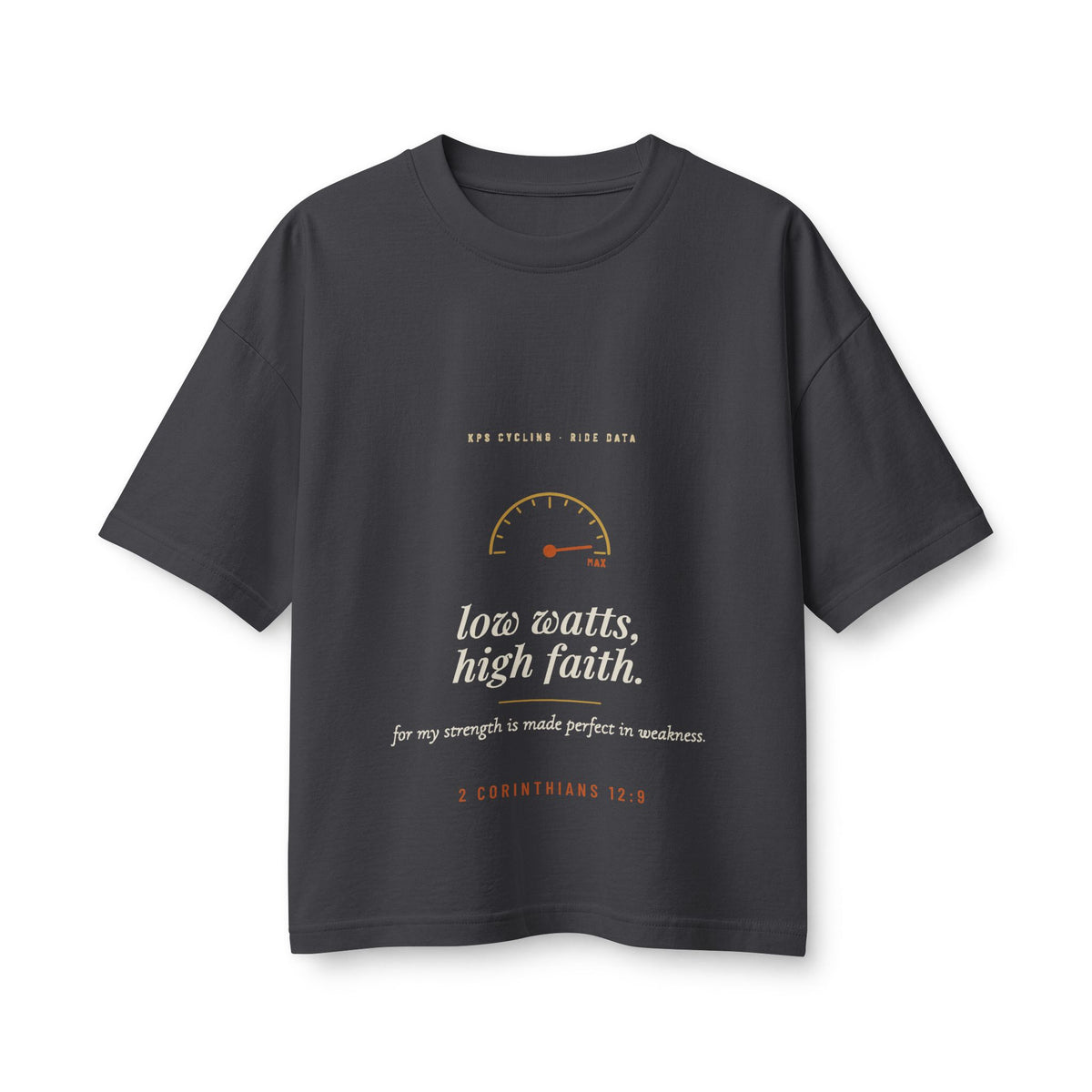 Low Watts High Faith Women's Boxy Tee, Dark Grey, front view, LOW WATTS. HIGH FAITH. 2 Corinthians 12:9 (KJV)