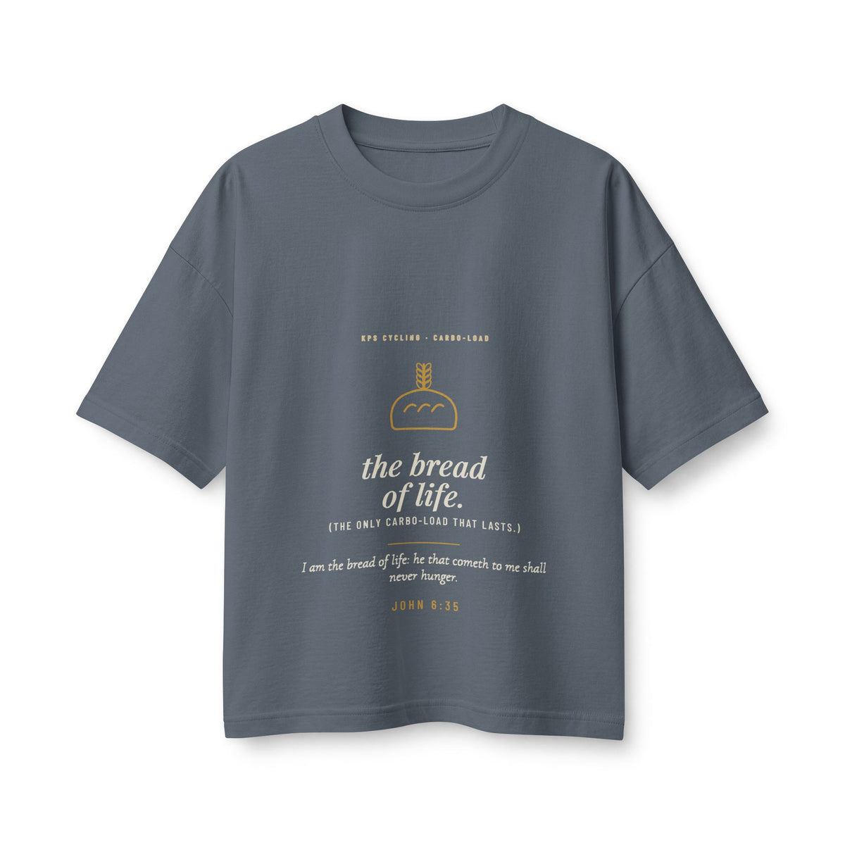 The Bread of Life Women's Boxy Tee, Vintage Navy, front view, THE BREAD OF LIFE. (THE ONLY CARBO-LOAD THAT LASTS.) John 6:35 (KJV)