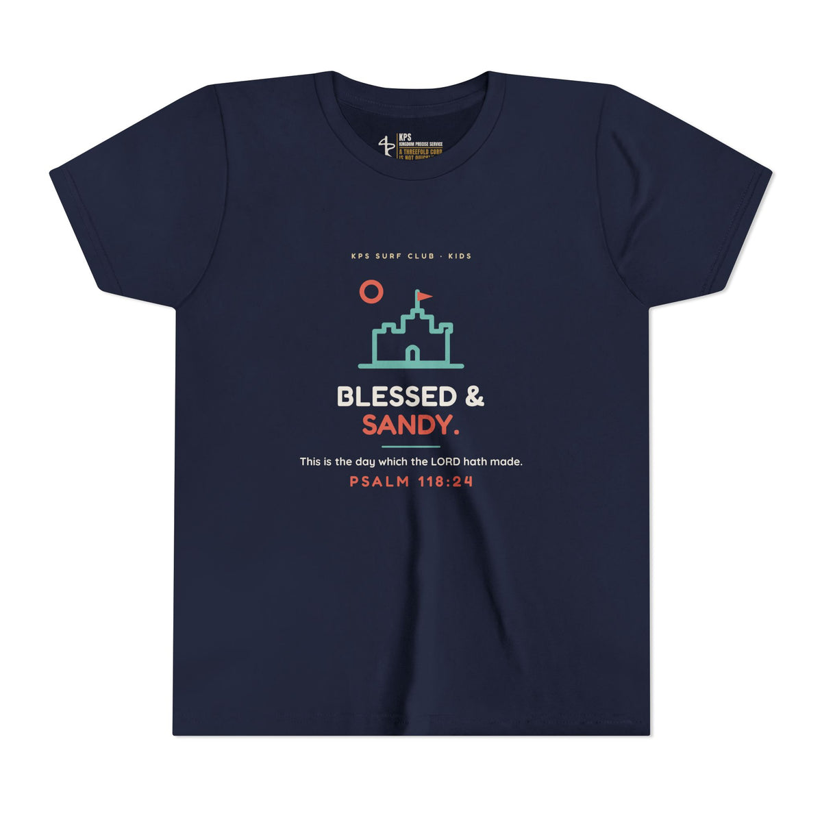 Blessed & Sandy Youth Tee, Navy, front view, BLESSED & SANDY., Psalm 118:24 (KJV)
