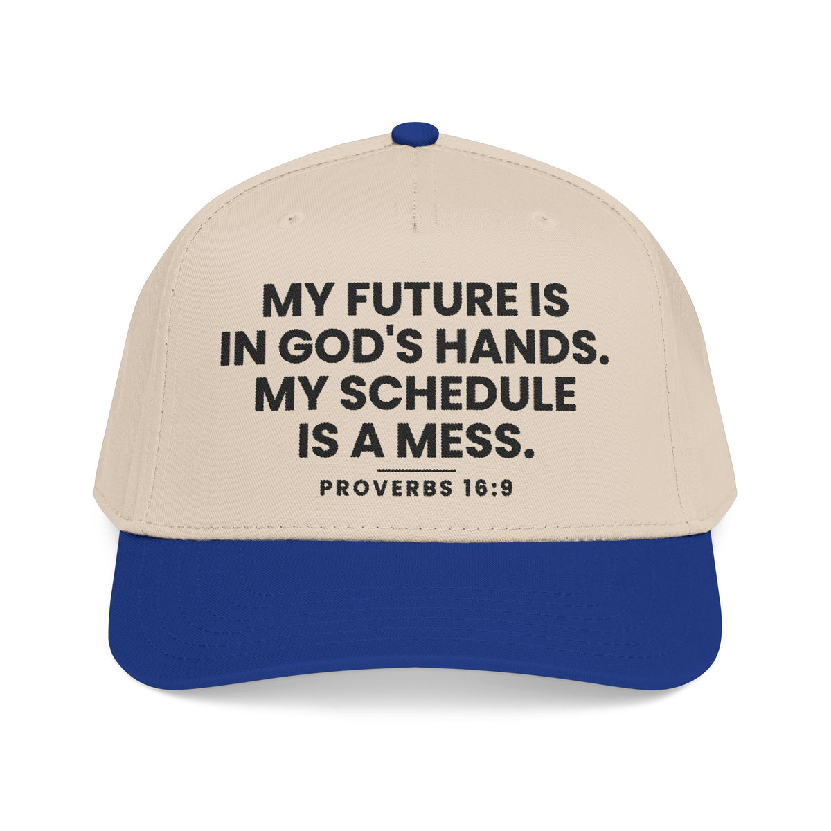 God's Hands Cap, Royal/Natural, front view, MY FUTURE IS IN GOD'S HANDS. MY SCHEDULE IS A MESS., Proverbs 16:9 (KJV)