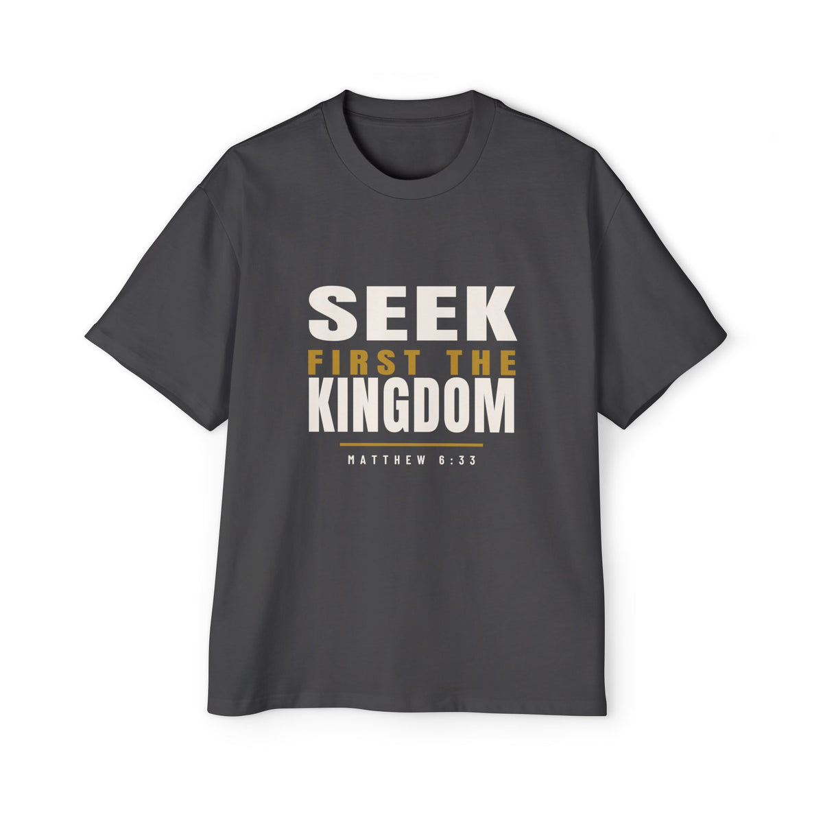 Seek First Block Oversized Tee, t-shirt, Faded Black, front view, SEEK FIRST., Matthew 6:33 (KJV)