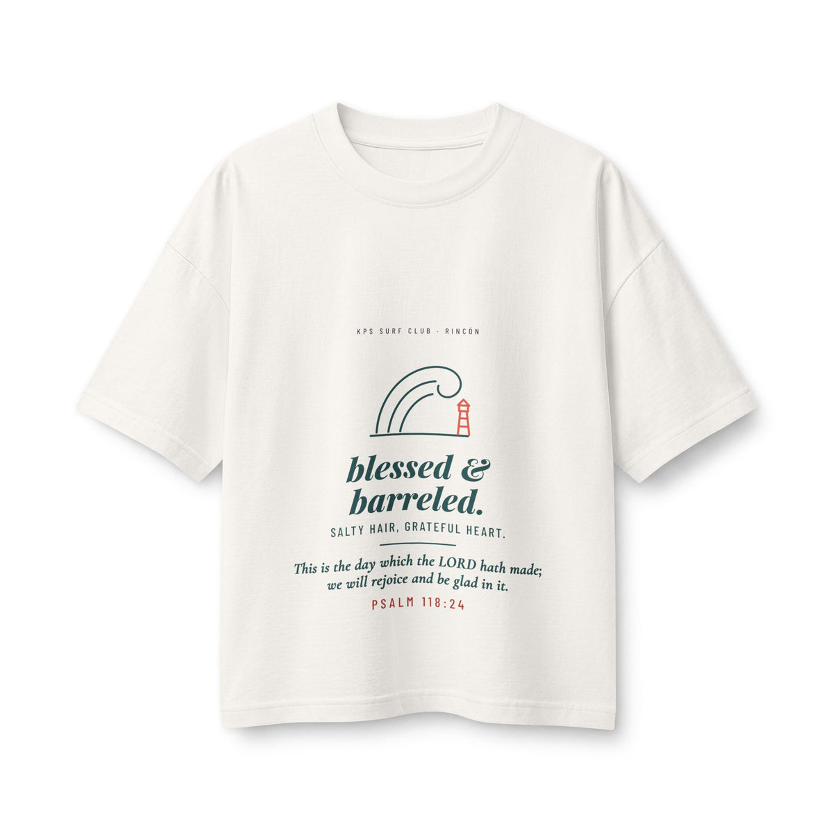 Blessed & Barreled Women's Boxy Tee, Vintage White, front view, BLESSED & BARRELED. SALTY HAIR, GRATEFUL HEART. Psalm 118:24 (KJV)