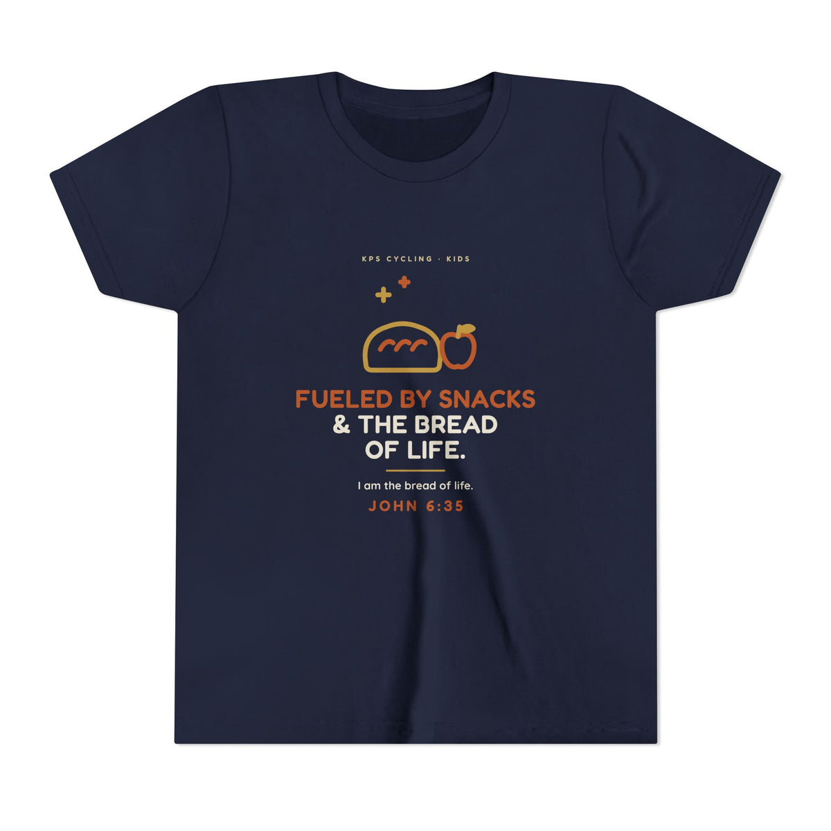 Fueled by Snacks & the Bread of Life Youth Tee, Navy, front view, FUELED BY SNACKS & THE BREAD OF LIFE. John 6:35 (KJV)