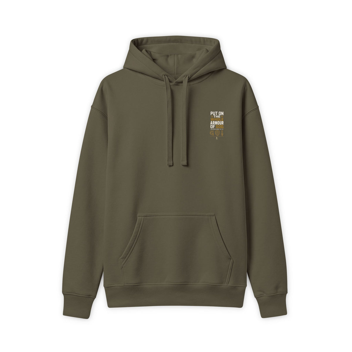 Armor of God Hoodie, Olive, front view, small chest print, PUT ON THE WHOLE ARMOUR OF GOD., Ephesians 6:11 (KJV)