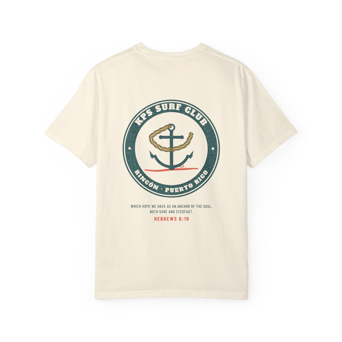 KPS Surf Club Anchor Tee, Ivory, back view, KPS SURF CLUB. Hebrews 6:19 (KJV)