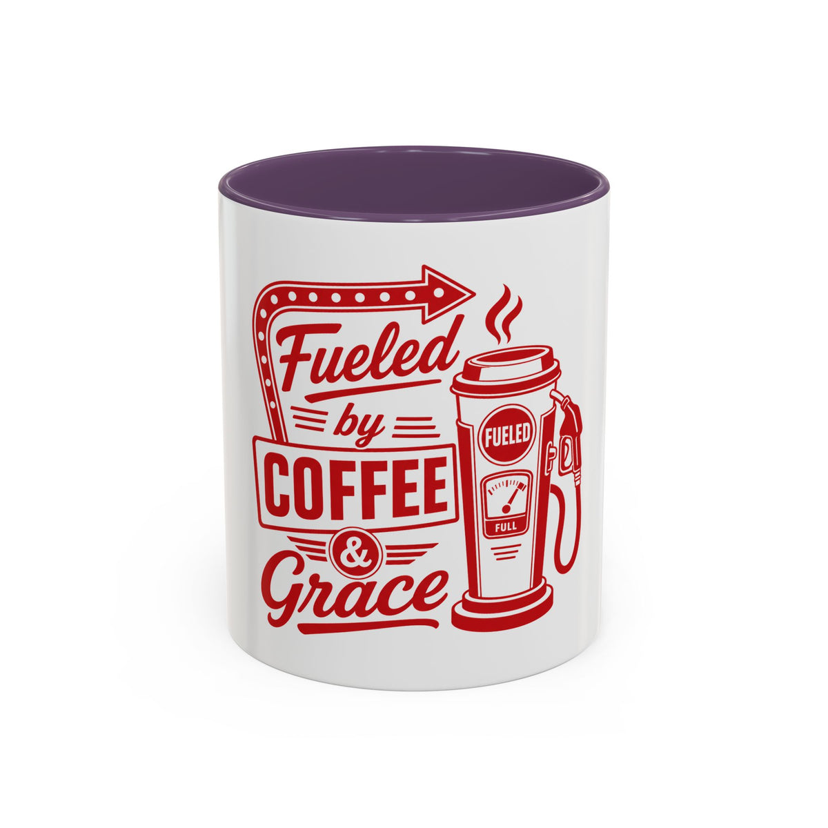 Fueled by Coffee & Grace Mug, mug, Purple inside and handle, front view, FUELED BY COFFEE & GRACE., 2 Corinthians 12:9 (KJV)