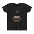 Anchored in Jesus Youth Tee, Black, front view, ANCHORED IN JESUS. SANDCASTLES OPTIONAL. Hebrews 6:19 (KJV)