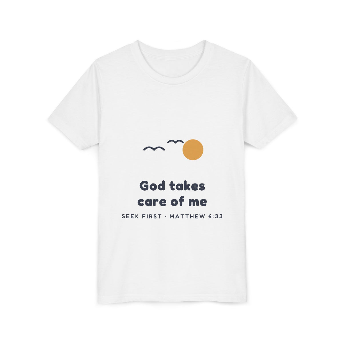 God Takes Care of Me Youth Tee, youth tee, White, front view, second angle, GOD TAKES CARE OF ME, SEEK FIRST, Matthew 6:33 (KJV)