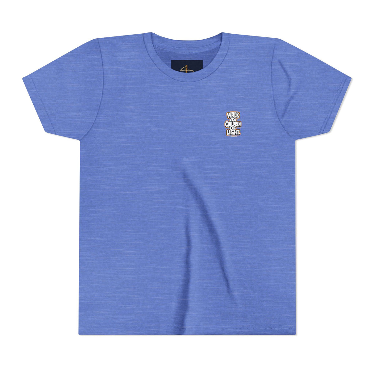 Children of Light Youth Tee, kids' t-shirt, Heather Columbia Blue, front view, WALK AS CHILDREN OF LIGHT., Ephesians 5:8 (KJV)