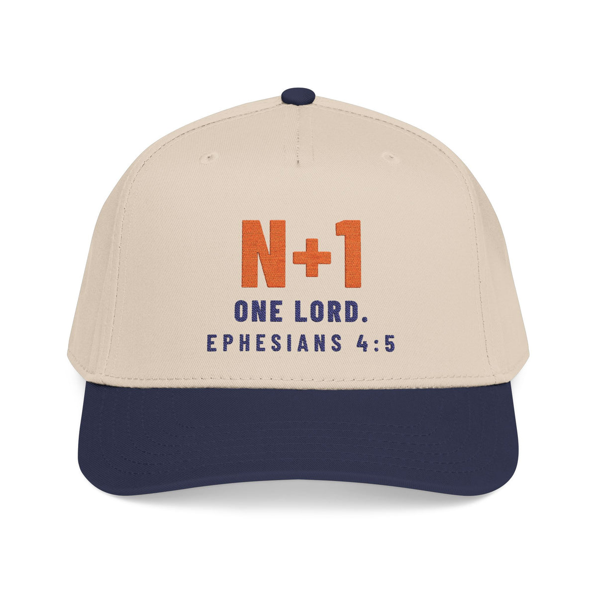 N+1 Cap, Navy / Natural, front view, N+1. ONE LORD. Ephesians 4:5 (KJV)