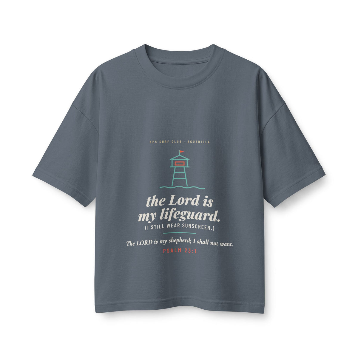 The Lord Is My Lifeguard Women's Boxy Tee, Vintage Navy, front view, THE LORD IS MY LIFEGUARD. (I STILL WEAR SUNSCREEN.) Psalm 23:1 (KJV)