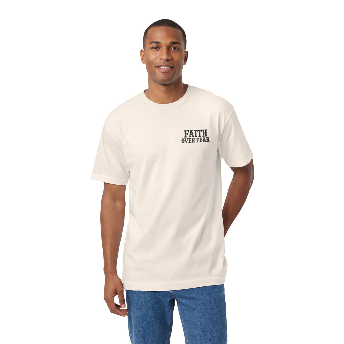 Faith Over Fear Classic Tee, t-shirt, Cream, front view, worn by a man, FAITH OVER FEAR., 2 Timothy 1:7 (KJV)