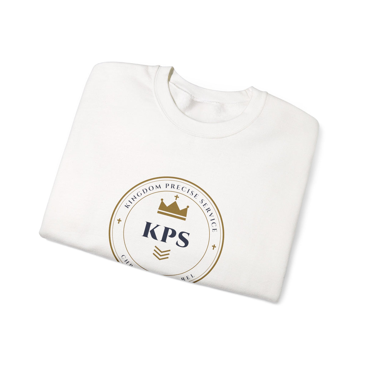 KPS Crest Crewneck, sweatshirt, White, folded, SEEK FIRST THE KINGDOM., Matthew 6:33 (KJV)