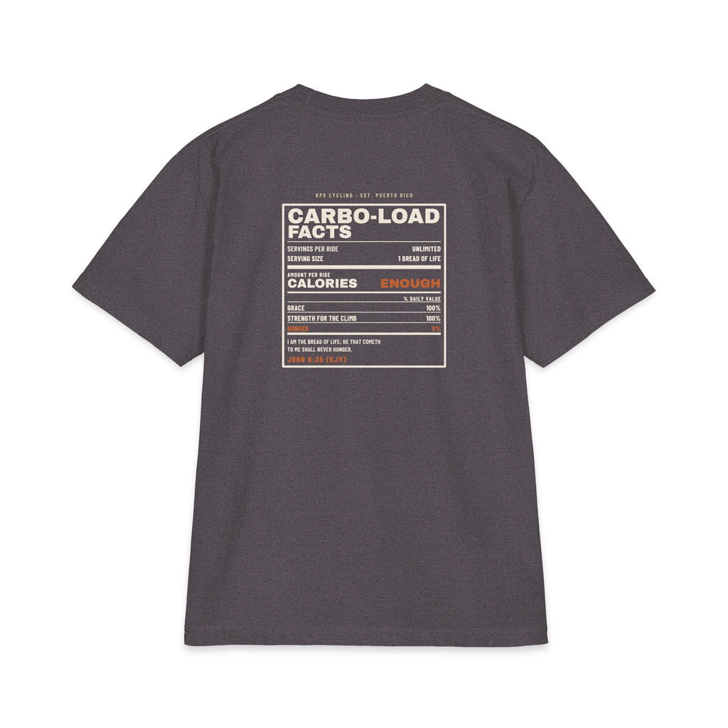 Carbo-Load Facts Cycling Tee, Charcoal Grey, back view, CARBO-LOAD FACTS. John 6:35 (KJV)