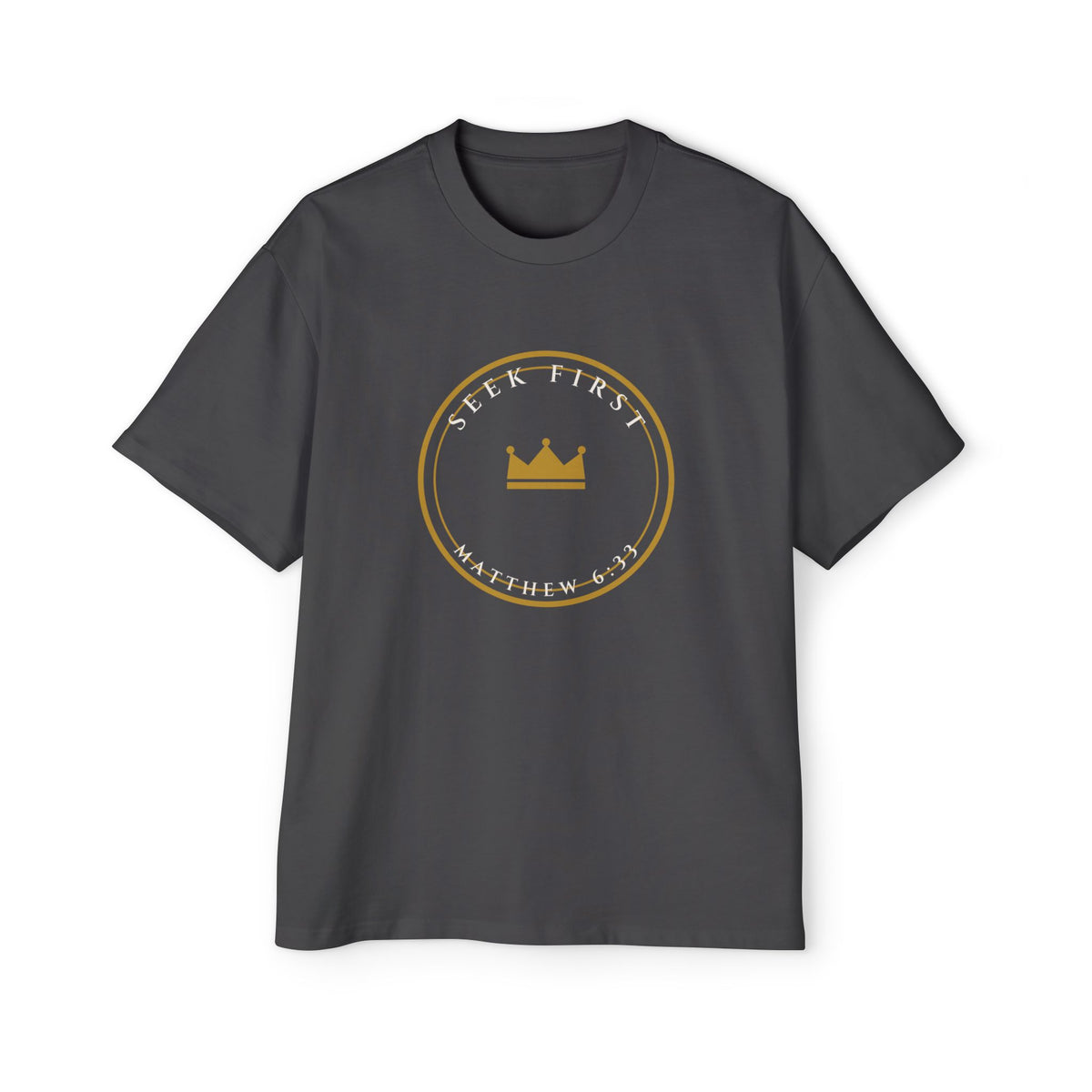 Seek First Crest Oversized Tee, t-shirt, Faded Black, front view, SEEK FIRST., Matthew 6:33 (KJV)
