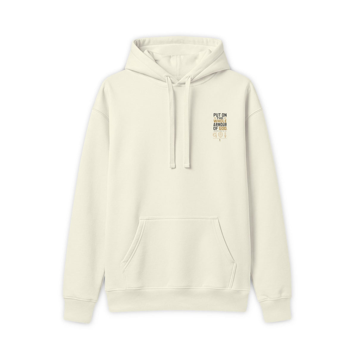 Armor of God Hoodie, Off White, front view, small chest print, PUT ON THE WHOLE ARMOUR OF GOD., Ephesians 6:11 (KJV)