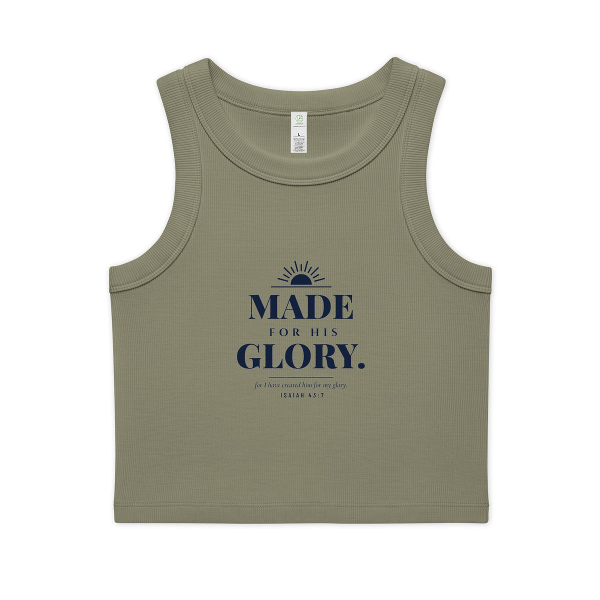 His Glory Crop Tank, crop tank, Eucalyptus, front view: MADE FOR HIS GLORY. with a sunrise and ISAIAH 43:7, MADE FOR HIS GLORY., Isaiah 43:7 (KJV)