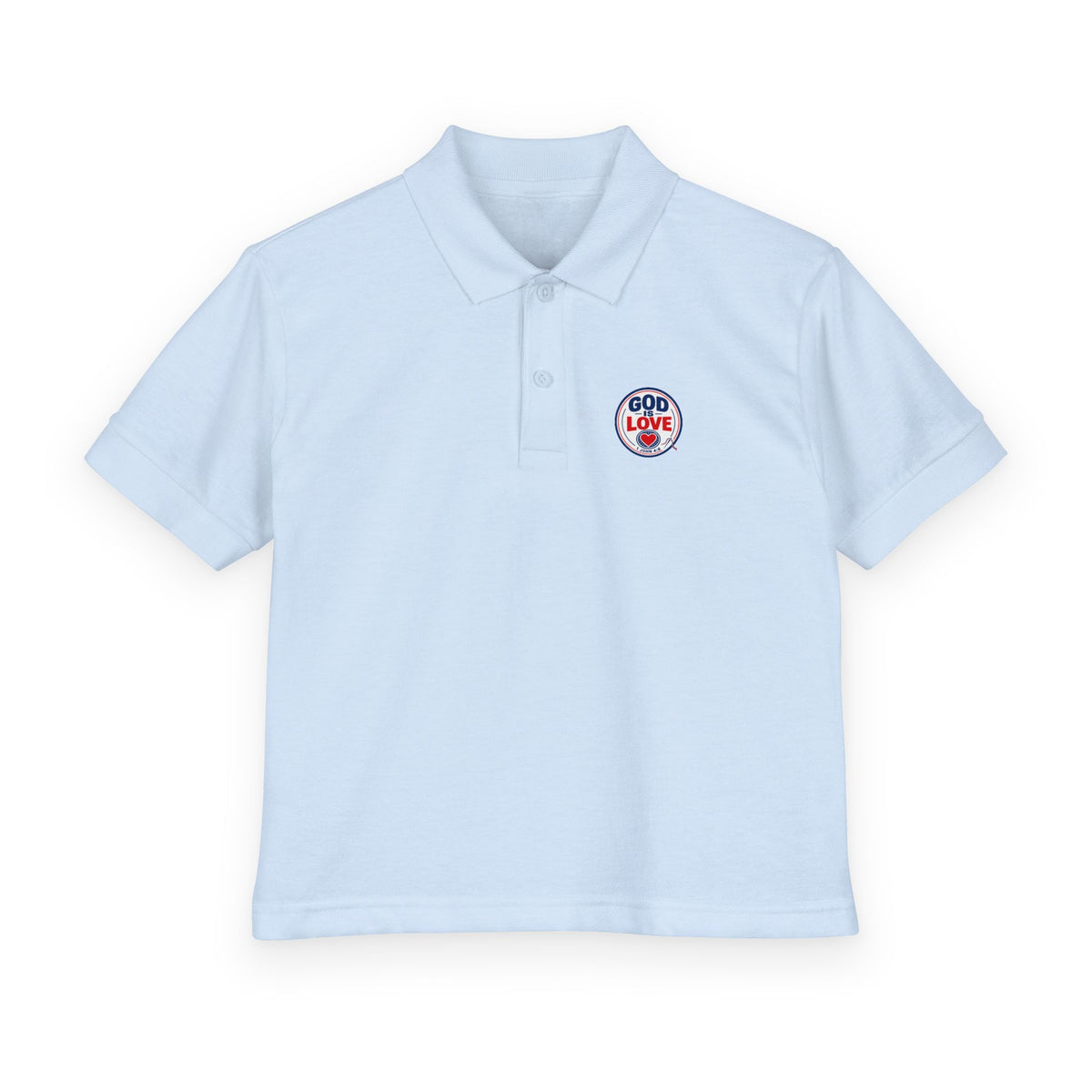 God Is Love Youth Polo, kids' polo, Light Blue, front view, GOD IS LOVE., 1 John 4:8 (KJV)