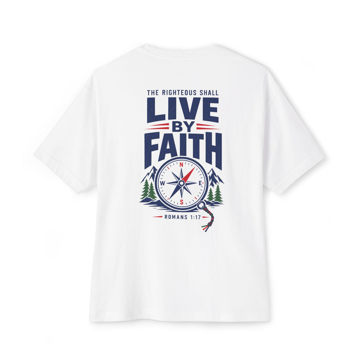 Live by Faith Compass Tee, t-shirt, White, back view, LIVE BY FAITH., Romans 1:17 (KJV)