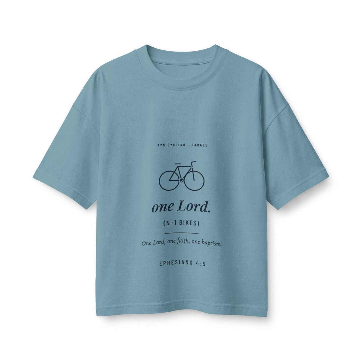 One Lord N+1 Bikes Women's Boxy Tee, Vintage Denim, front view, ONE LORD. (N+1 BIKES.) Ephesians 4:5 (KJV)