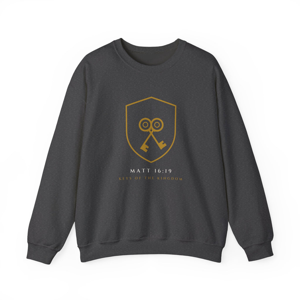 Crossed Keys Crewneck, sweatshirt, Dark Heather, front view, KEYS OF THE KINGDOM., Matthew 16:19 (KJV)