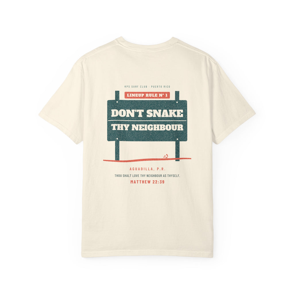Don't Snake Thy Neighbour Surf Tee, Ivory, back view, DON'T SNAKE THY NEIGHBOUR. Matthew 22:39 (KJV)