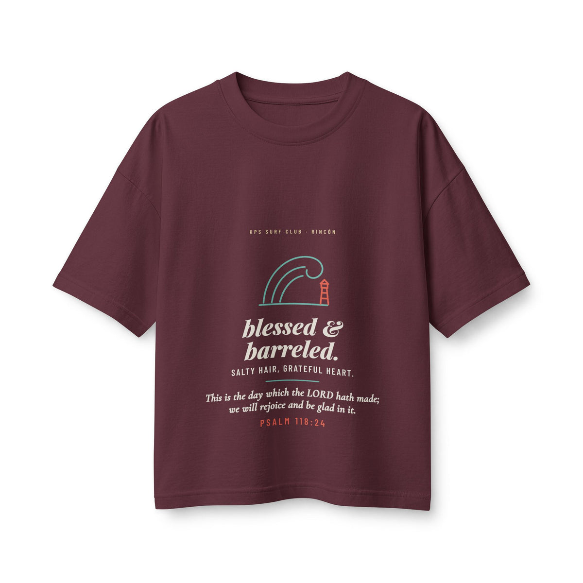 Blessed & Barreled Women's Boxy Tee, Maroon, front view, BLESSED & BARRELED. SALTY HAIR, GRATEFUL HEART. Psalm 118:24 (KJV)