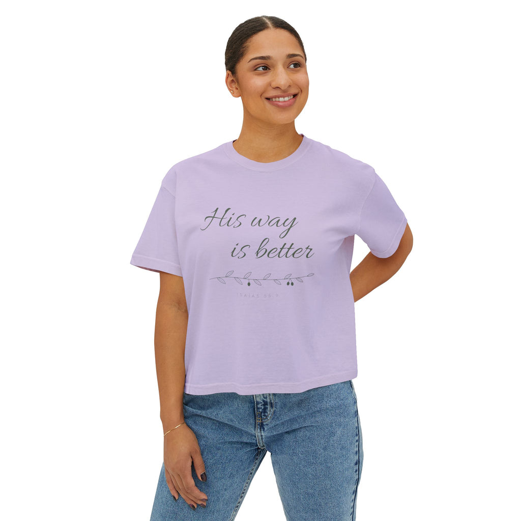 His Way Is Better Crop Tee, crop t-shirt, Orchid, front view, worn by a woman, HIS WAY IS BETTER., Isaiah 55:9 (KJV)