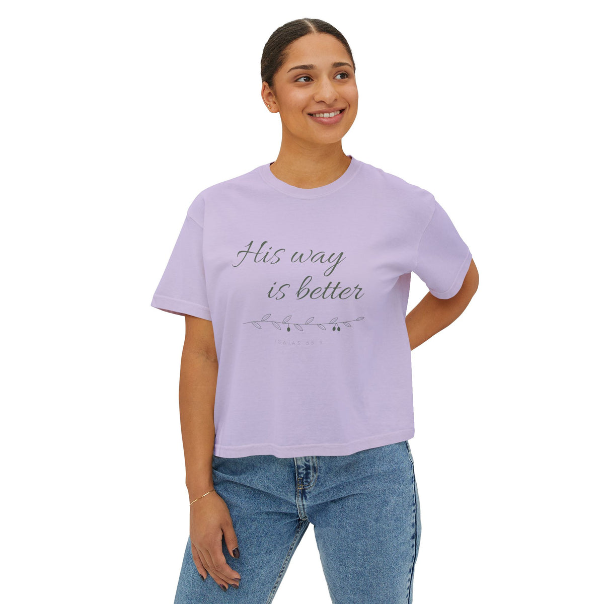 His Way Is Better Crop Tee, crop t-shirt, Orchid, front view, worn by a woman, HIS WAY IS BETTER., Isaiah 55:9 (KJV)