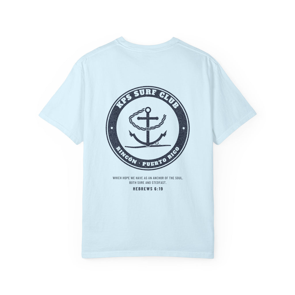 KPS Surf Club Anchor Tee, Chambray, back view, KPS SURF CLUB. Hebrews 6:19 (KJV)